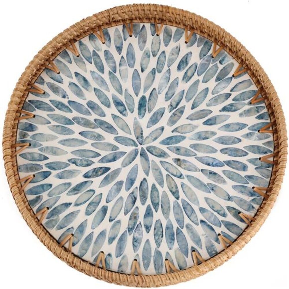 Round Rattan Tray Mother of Pearl Inlay Wicker Serving Tray Coffee Table Decor